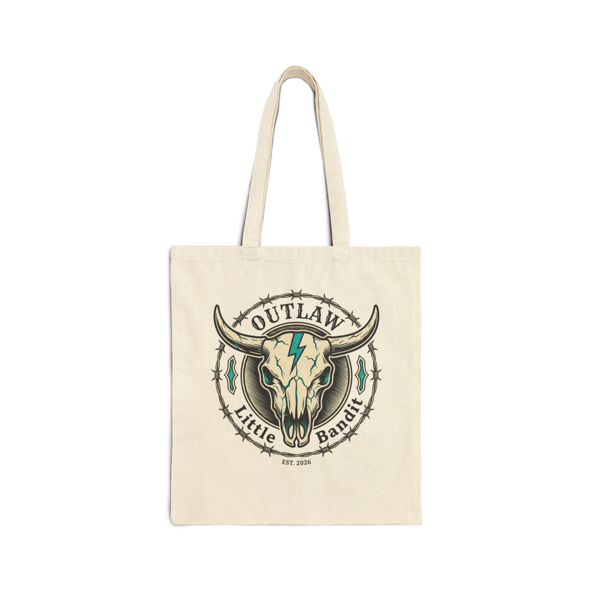 Outlaw & Little Bandit™ Turquoise Skull Canvas Tote Bag | Western Ranch Everyday Tote