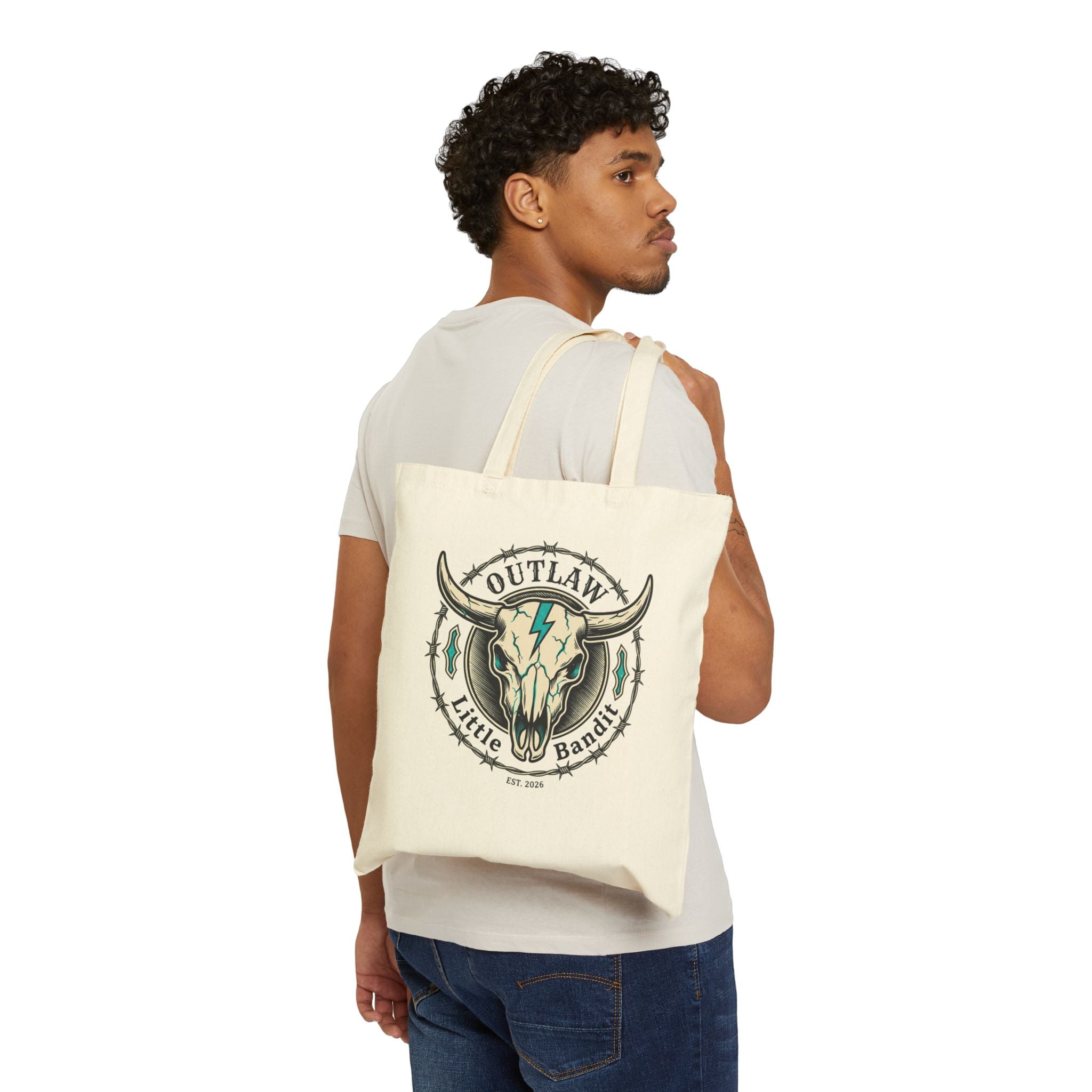 Outlaw & Little Bandit™ Turquoise Skull Canvas Tote Bag | Western Ranch Everyday Tote